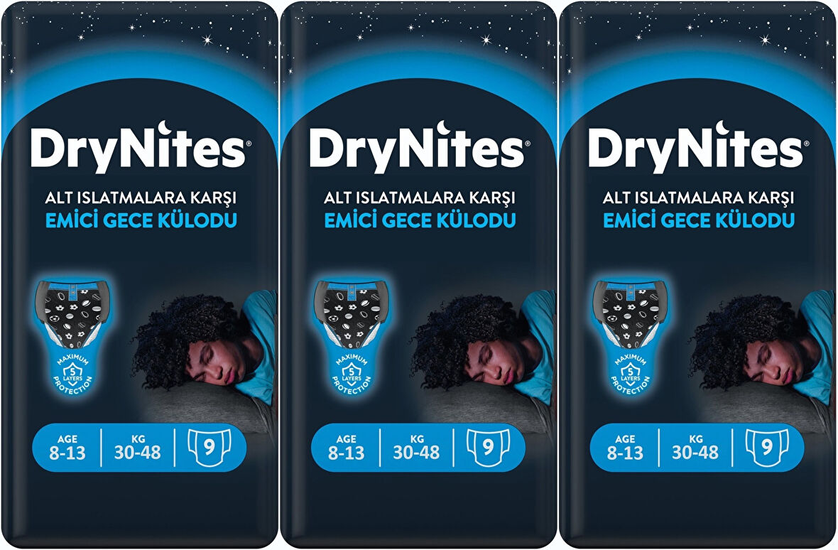 Drynites Emici Gece Külodu/Külot Bez Erkek 8-13 Yaş 30-48KG Large 27 Adet 3PK*9 AltIslatmalara Karşı