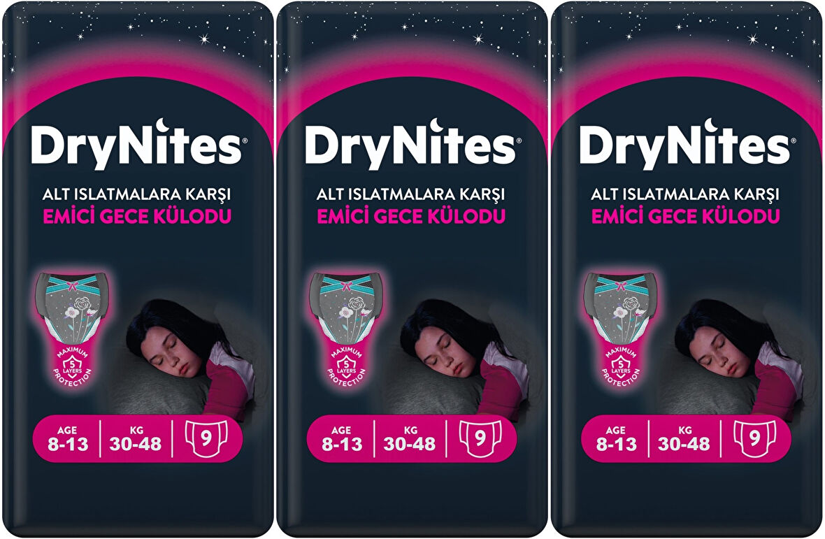 Drynites Emici Gece Külodu/Külot Bez Kız 8-13 Yaş 30-48KG Large 27 Adet 3PK*9 Alt Islatmalara Karşı