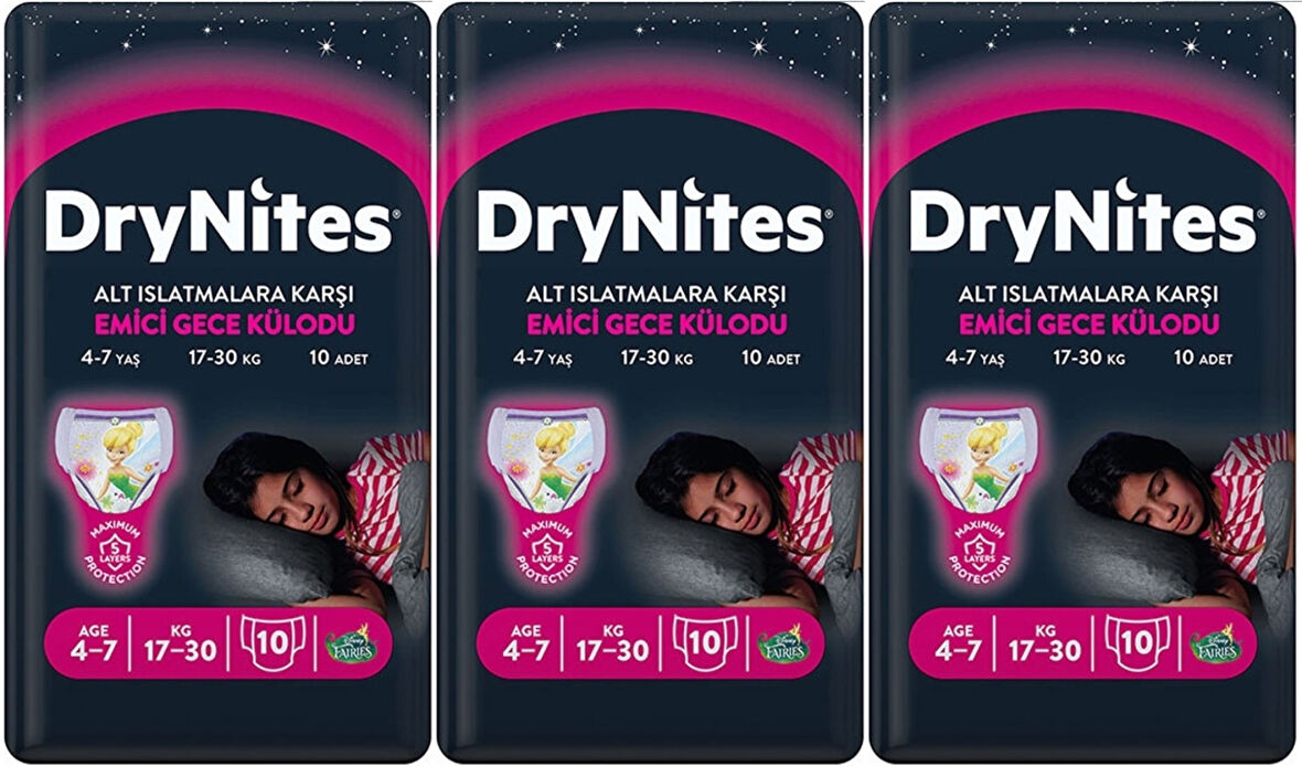 Drynites Emici Gece Külodu/Külot Bez Kız 4-7 Yaş 17-30 KG Large 30 Adet 3PK*10 Alt Islatmalara Karşı