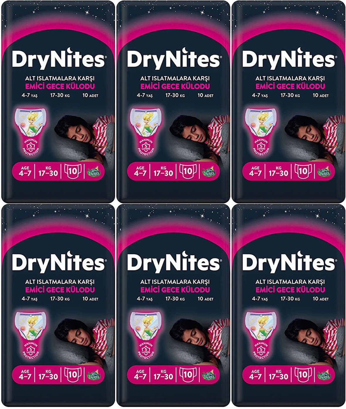 Drynites Emici Gece Külodu/Külot Bez Kız 4-7 Yaş 17-30 KG Large 60 Adet 6PK*10 Alt Islatmalara Karşı