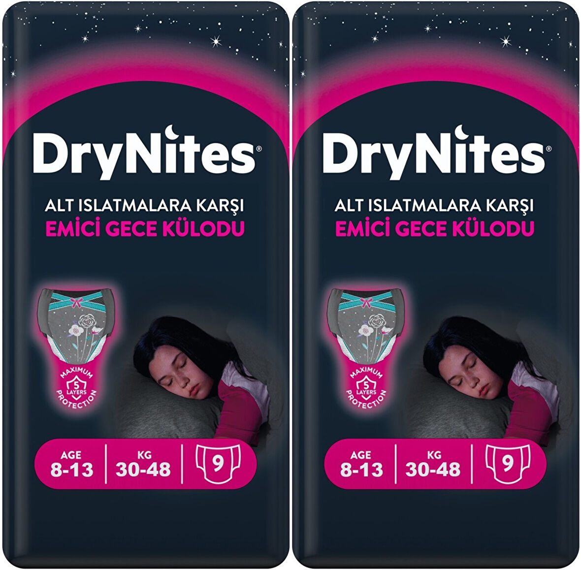 Drynites Emici Gece Külodu/Külot Bez Kız 8-13 Yaş 30-48KG Large 18 Adet 2PK*9 Alt Islatmalara Karşı