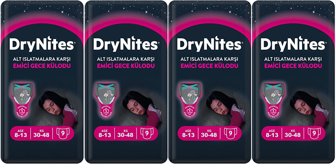 Drynites Emici Gece Külodu/Külot Bez Kız 8-13 Yaş 30-48KG Large 36 Adet 4PK*9 Alt Islatmalara Karşı