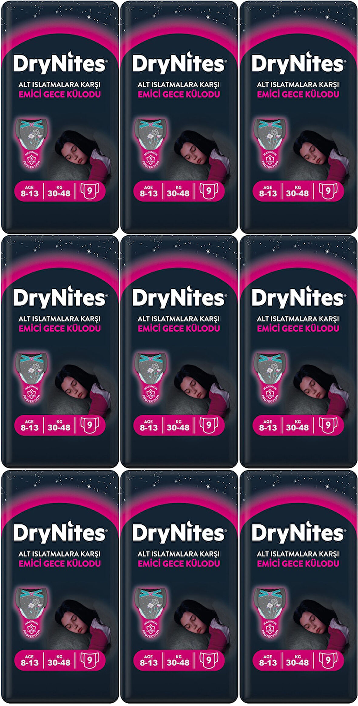 Drynites Emici Gece Külodu/Külot Bez Kız 8-13 Yaş 30-48KG Large 81 Adet 9PK*9 Alt Islatmalara Karşı