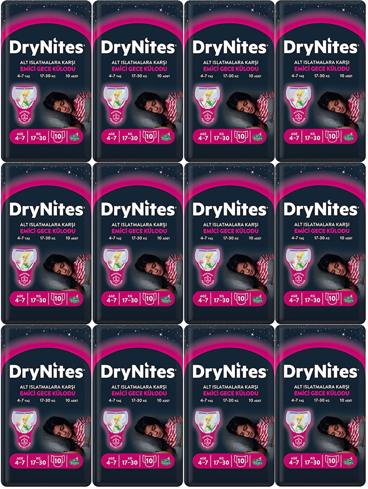 Drynites Emici Gece Külodu/Külot Bez Kız 4-7 Yaş 17-30KG Large 120Adet 12PK*10 Alt Islatmalara Karşı