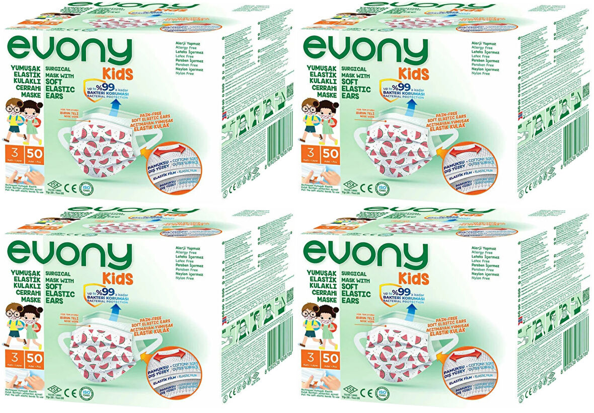 Evony 3 Katlı Filtreli Burun Telli Cerrahi Maske (Kids Çoçuklar İçin) 200 Lü Set (Desenli)