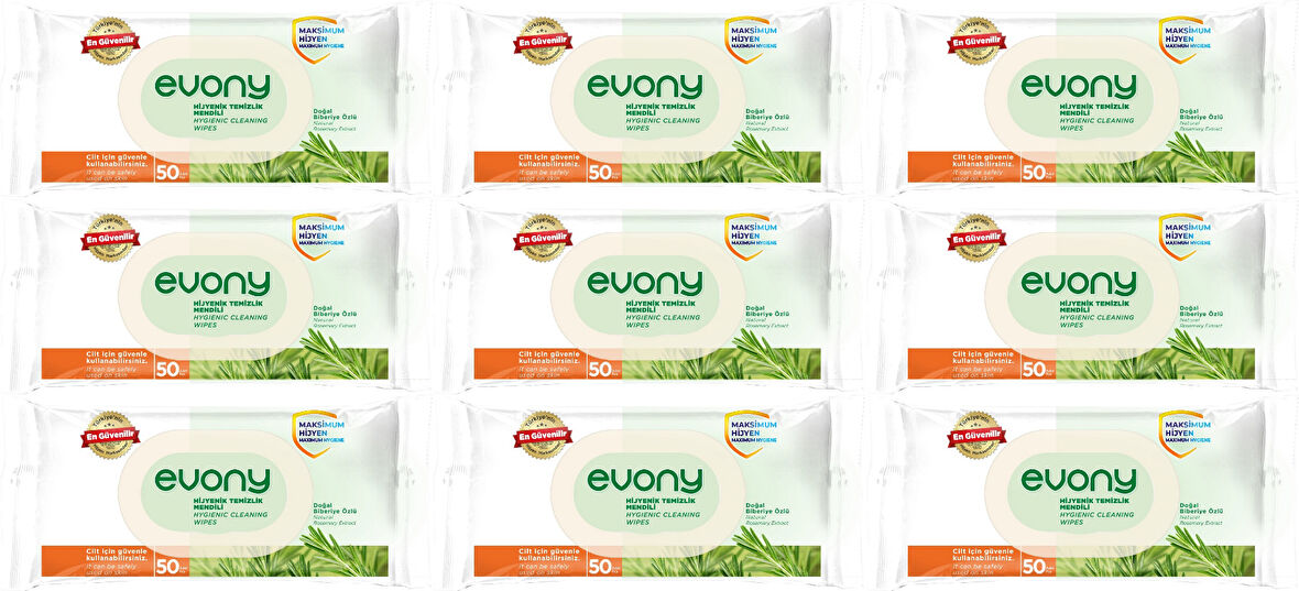Evony Hijyenik Temizlik Islak Havlu Mendil 50 Yaprak Plastik Kapaklı (9 Lu Set) 450 Yaprak