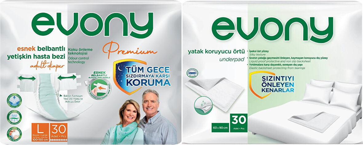 Evony Premium Hasta Bezi Yetişkin Bel Bantlı Tekstil Yüzey Büyük 30 Adet+Yatak Koruyucu Örtü 30 Adet