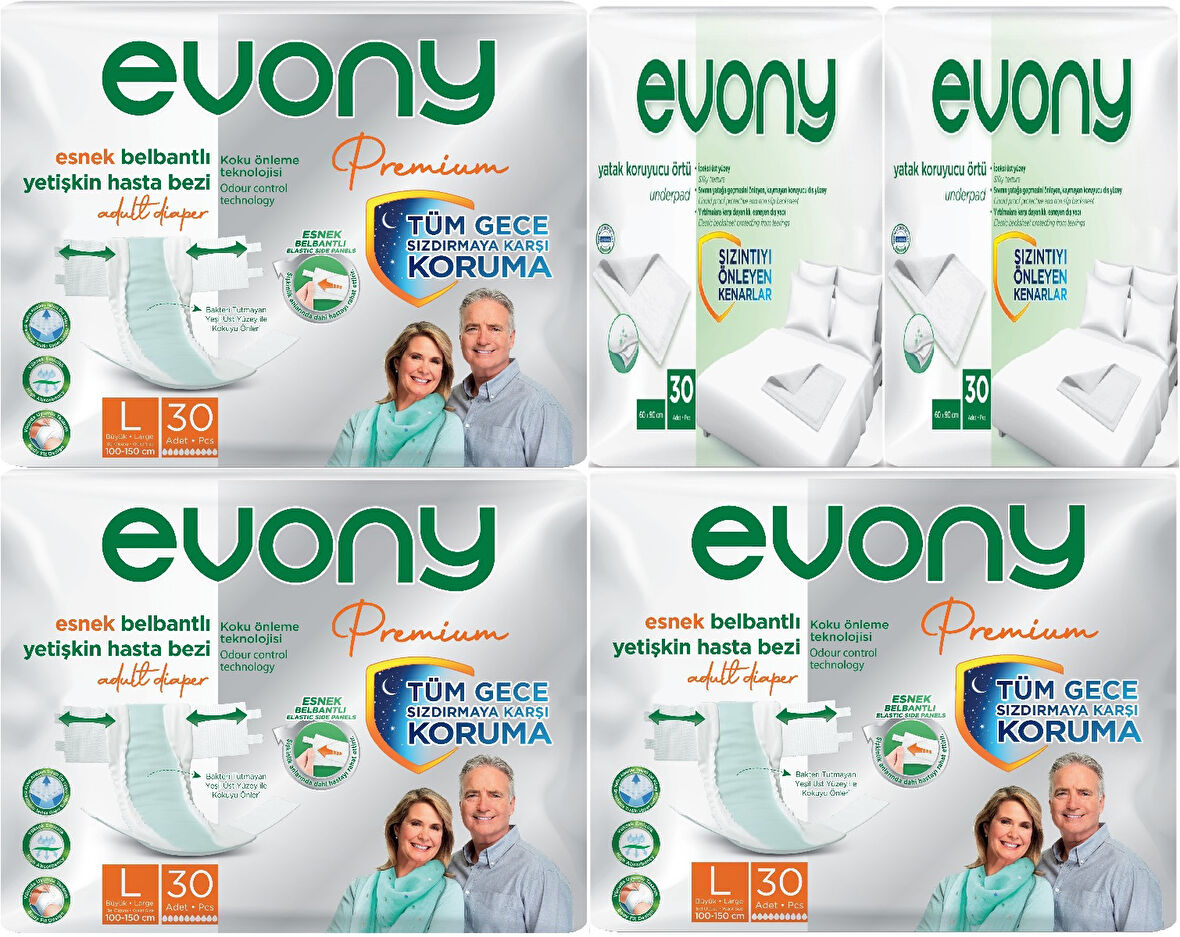 Evony Premium Hasta Bezi Yetişkin Bel Bantlı Tekstil Yüzey Büyük 90 Adet+Yatak Koruyucu Örtü 60 Adet