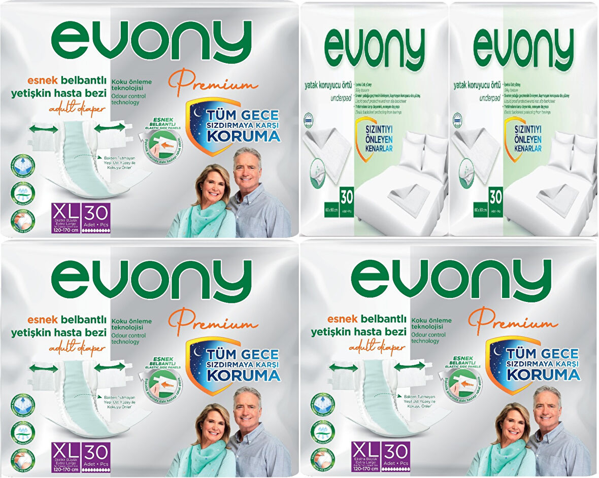 Evony Premium Hasta Bezi Yetişkin Bel Bantlı Tekstil Yüzey XL 90 Adet + Yatak Koruyucu Örtü 60 Adet