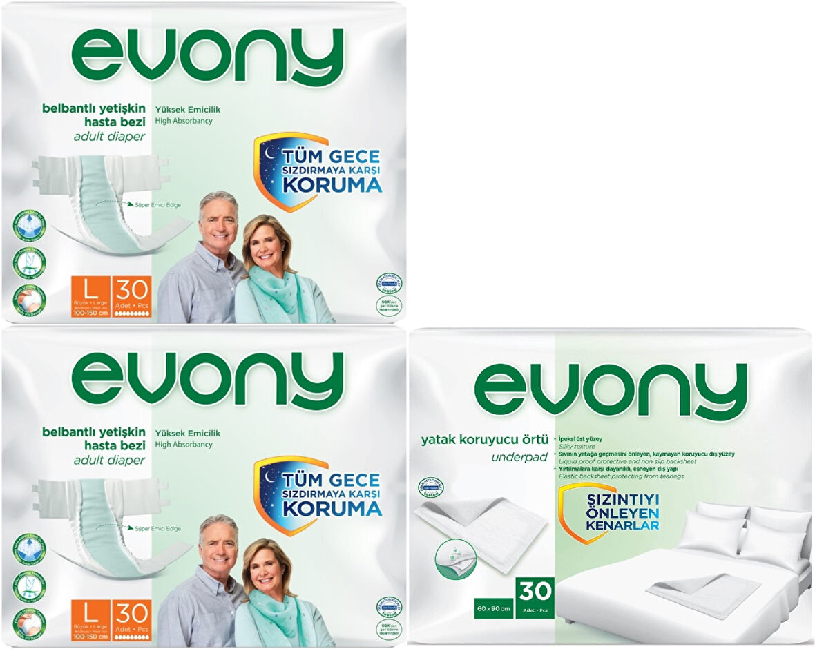Evony Hasta Bezi Yetişkin Bel Bantlı Tekstil Yüzey L-Büyük 60 Adet + Yatak Koruyucu Örtü 30 Adet