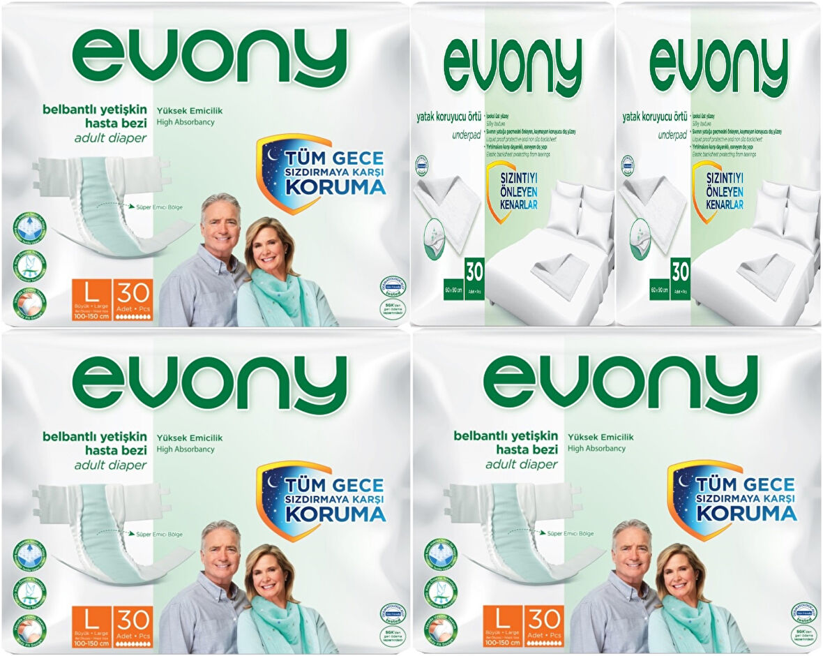 Evony Hasta Bezi Yetişkin Bel Bantlı Tekstil Yüzey L-Büyük 90 Adet + Yatak Koruyucu Örtü 60 Adet