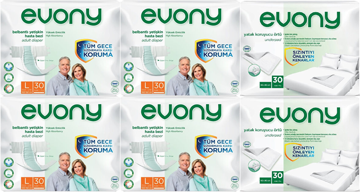 Evony Hasta Bezi Yetişkin Bel Bantlı Tekstil Yüzey L-Büyük 120 Adet + Yatak Koruyucu Örtü 60 Adet