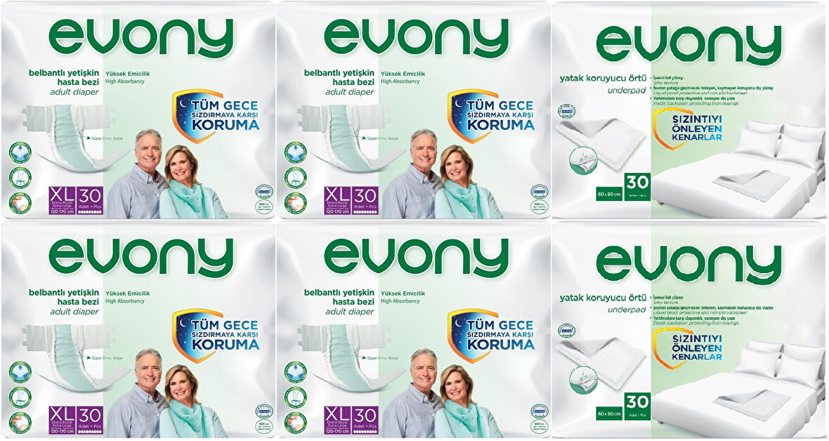 Evony Hasta Bezi Yetişkin Bel Bantlı Tekstil Yüzey Ekstra Büyük 120 Adet+Yatak Koruyucu Örtü 60 Adet