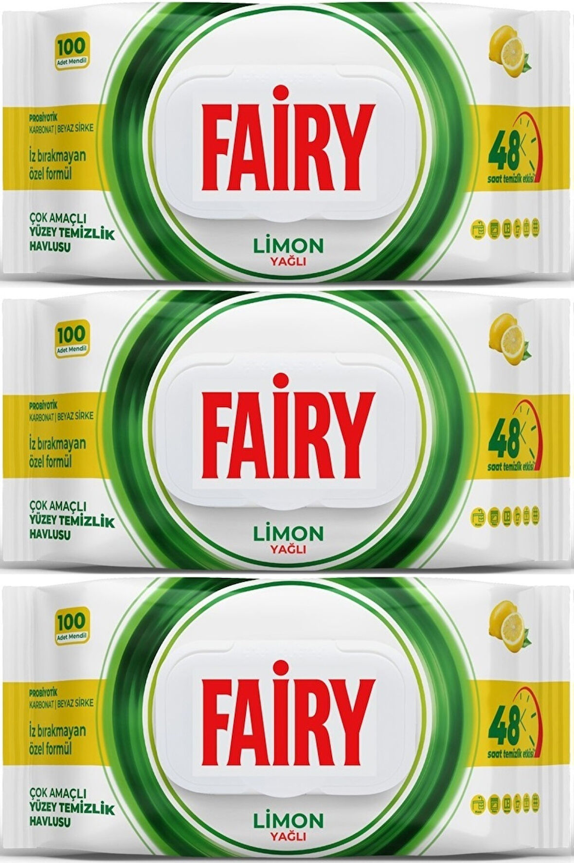 Fairy Yüzey Temizlik Havlusu 100 Yaprak Limon Yağlı - Beyaz Sirke - Karbonat (3 Lü Set) 300 Yaprak