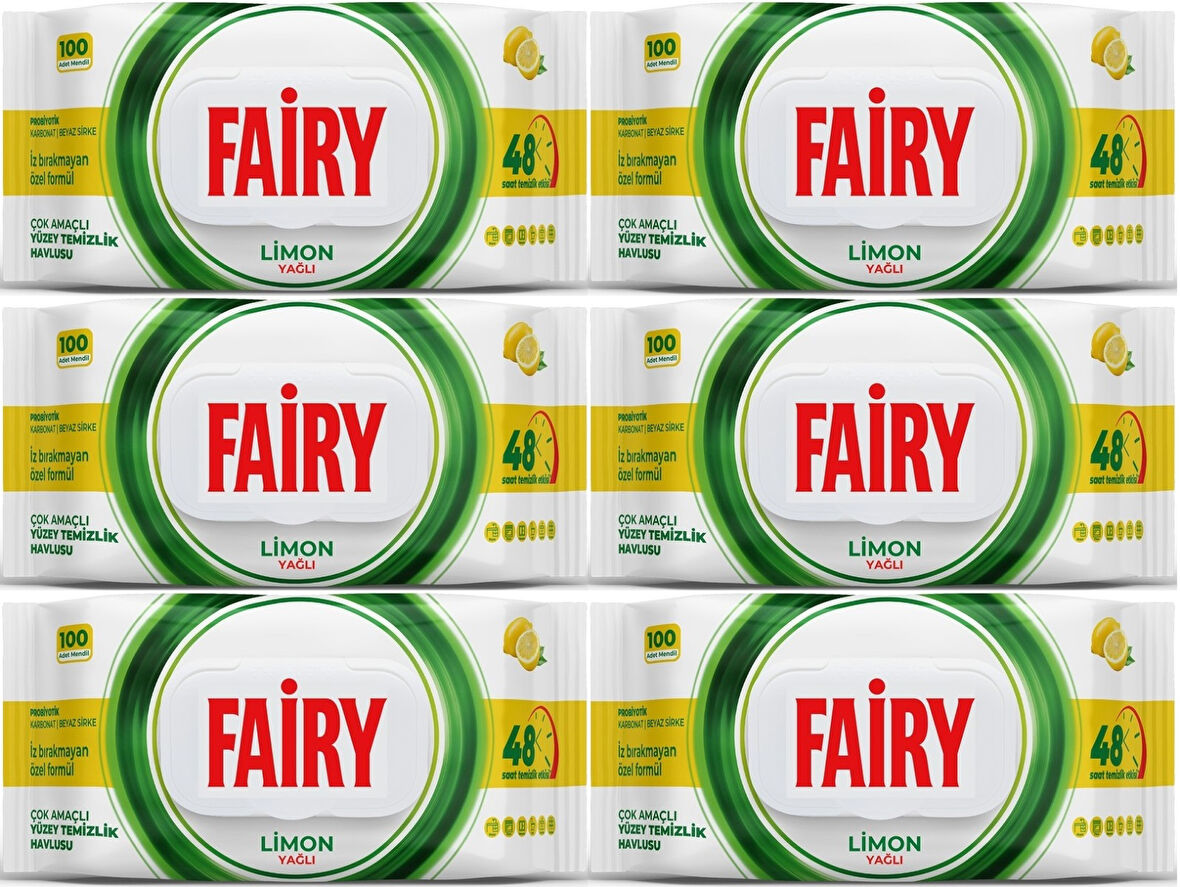Fairy Yüzey Temizlik Havlusu 100 Yaprak Limon Yağlı - Beyaz Sirke - Karbonat (6 Lı Set) 600 Yaprak