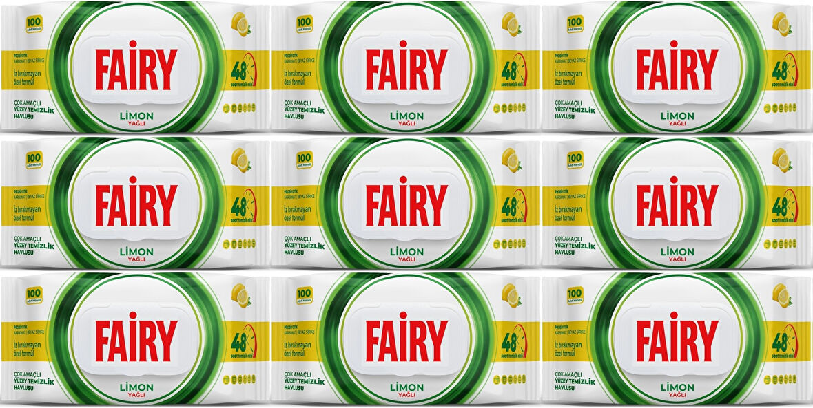 Fairy Yüzey Temizlik Havlusu 100 Yaprak Limon Yağlı - Beyaz Sirke - Karbonat (9 Lu Set) 900 Yaprak