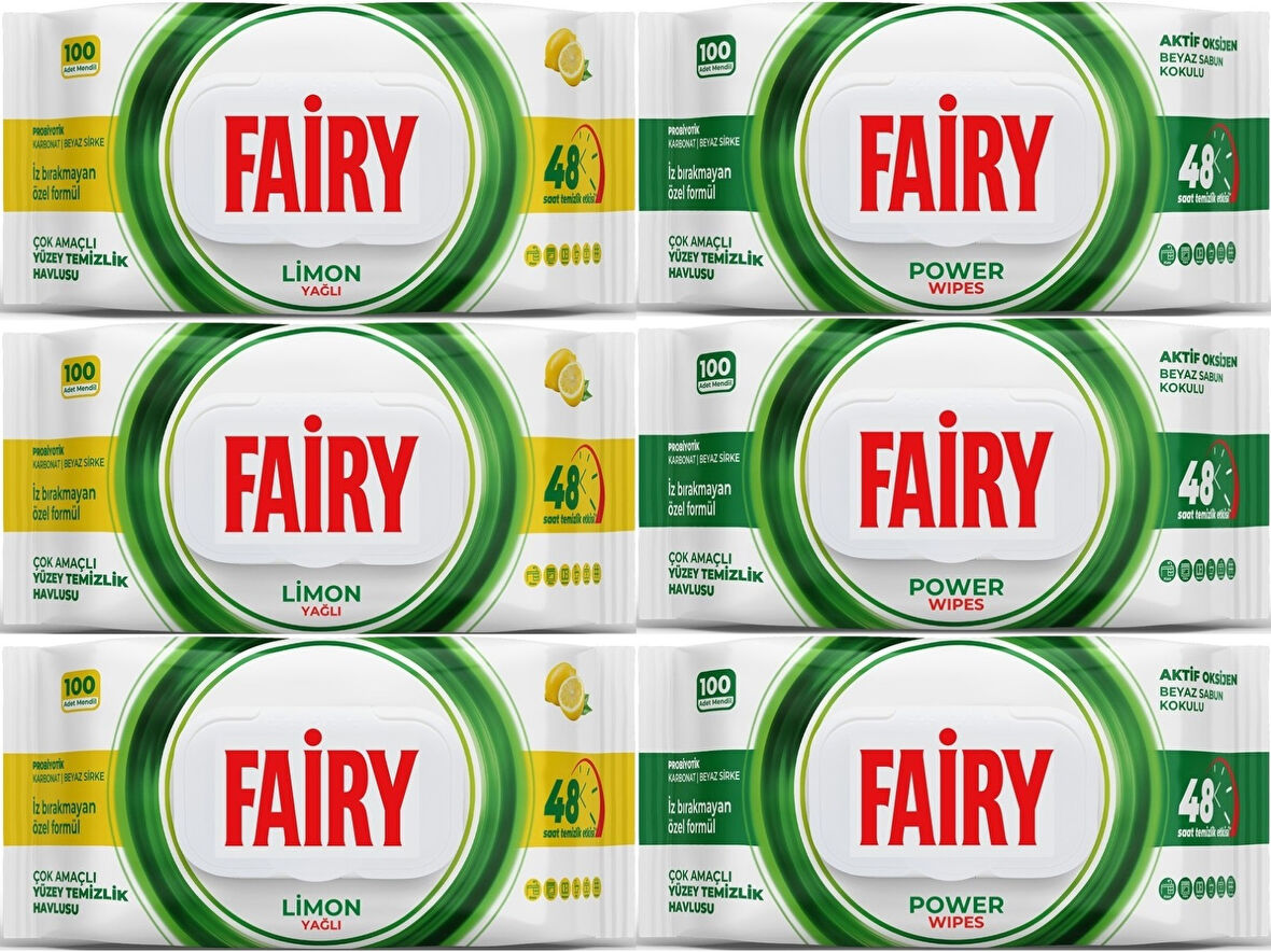 Fairy Yüzey Temizlik Havlusu 100 Yaprak Limon Yağlı & Aktif Oksijen (6 Lı Set) 600 Yaprak Karma