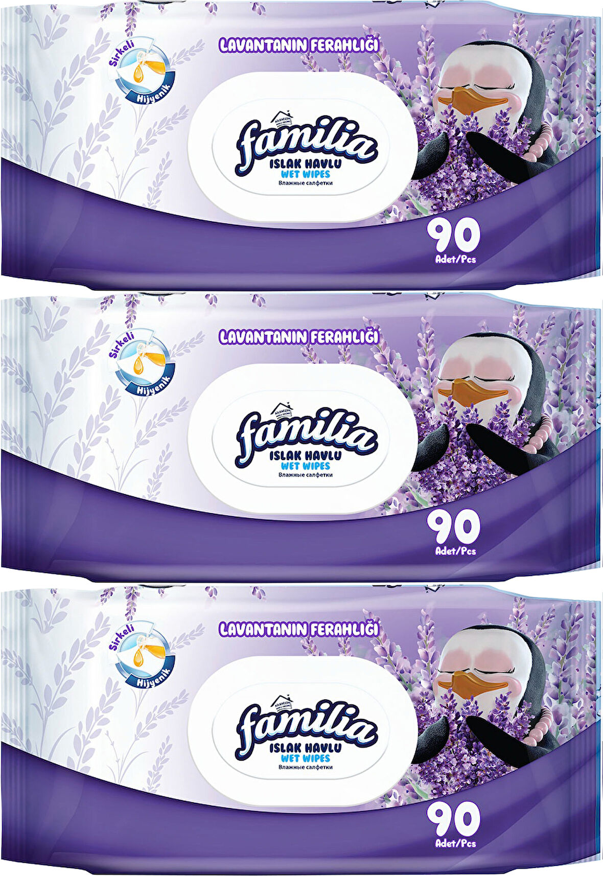 Familia Islak Havlu Mendil Lavantanın Ferahlığı 90 Yaprak Plastik Kapaklı 3 Lü Set 270 Yaprak