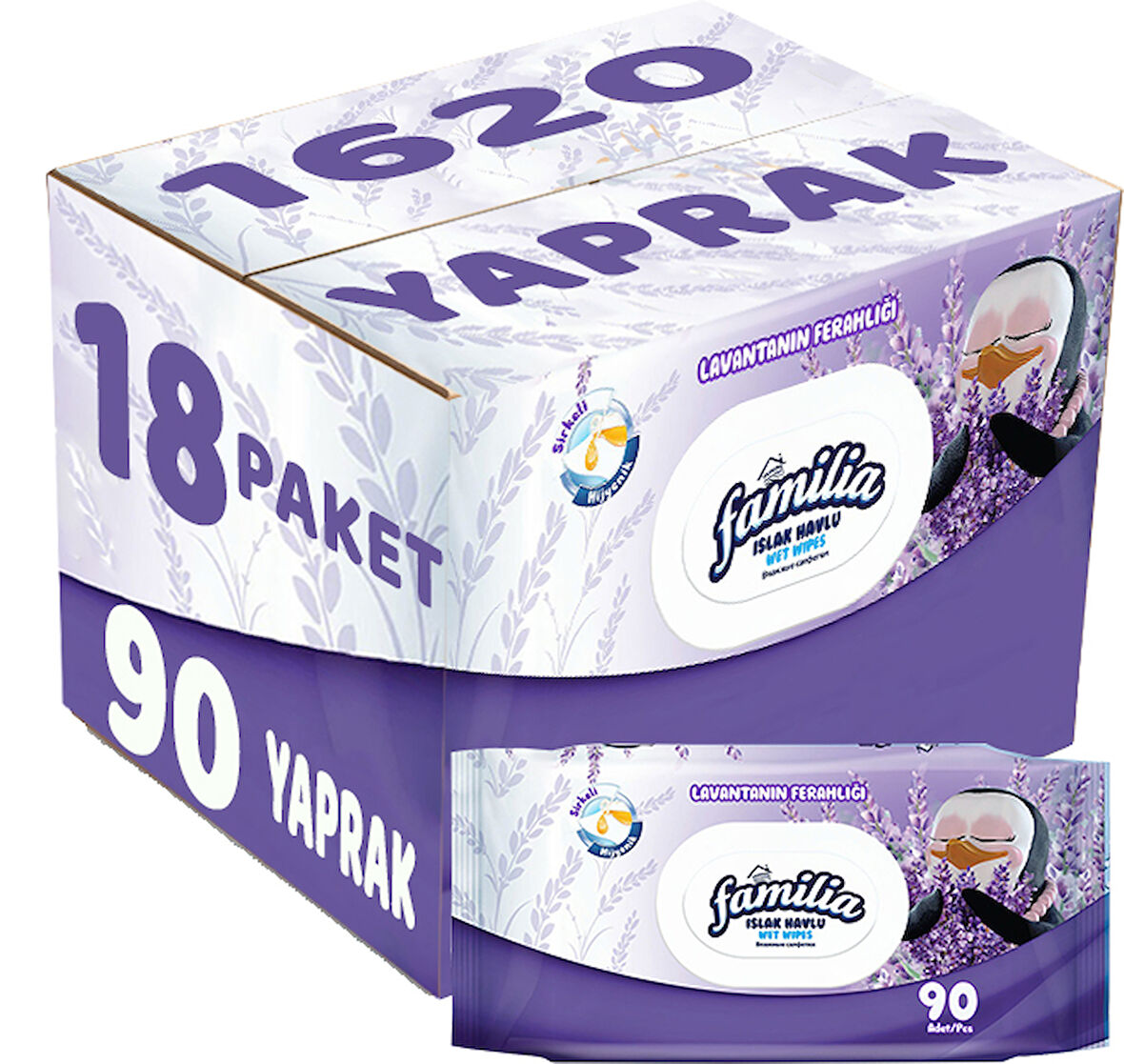 Familia Islak Havlu Mendil Lavantanın Ferahlığı 90 Yaprak Plastik Kapaklı 18 Li Set 1620 Yaprak