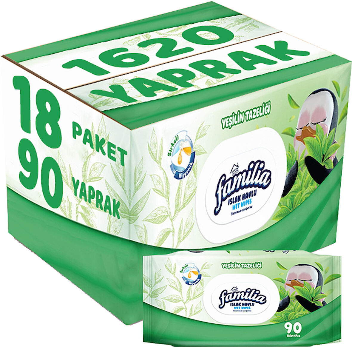 Familia Islak Havlu Mendil Yeşilin Tazeliği 90 Yaprak Plastik Kapaklı 18 Li Set 1620 Yaprak