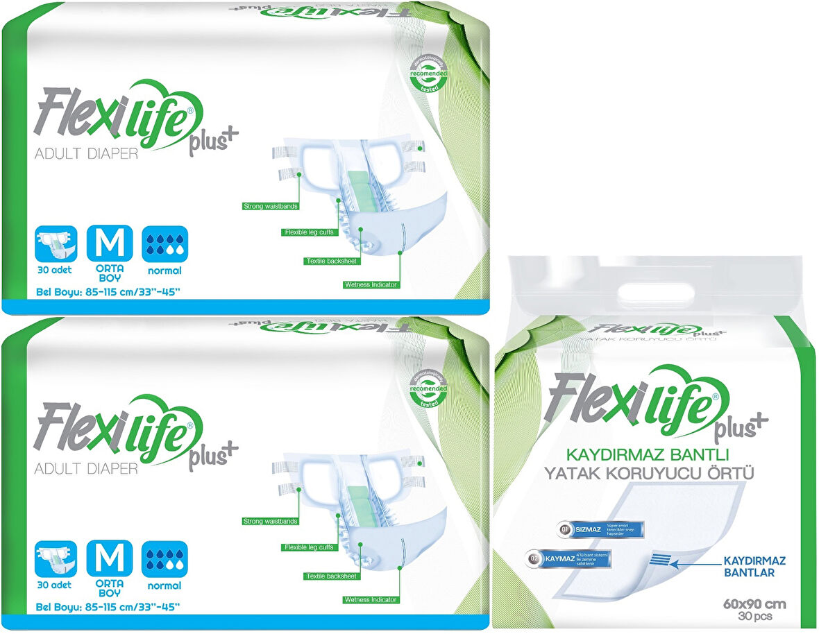 Flexi Life Yetişkin Hasta Bezi Bel Bantlı Tekstil Yüzeyli Orta 60 Adet + Yatak Koruyucu Örtü 30 Adet