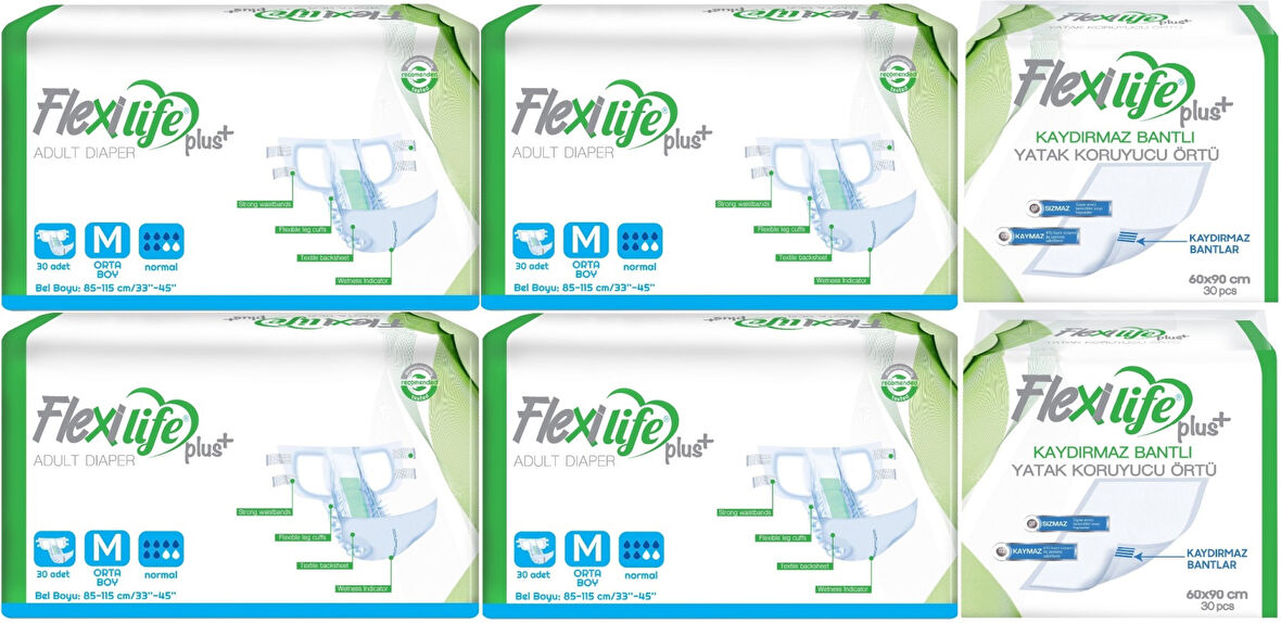 Flexi Life Yetişkin Hasta Bezi Bel Bantlı Tekstil Yüzeyli Orta 120 Adet+ Yatak Koruyucu Örtü 60 Adet