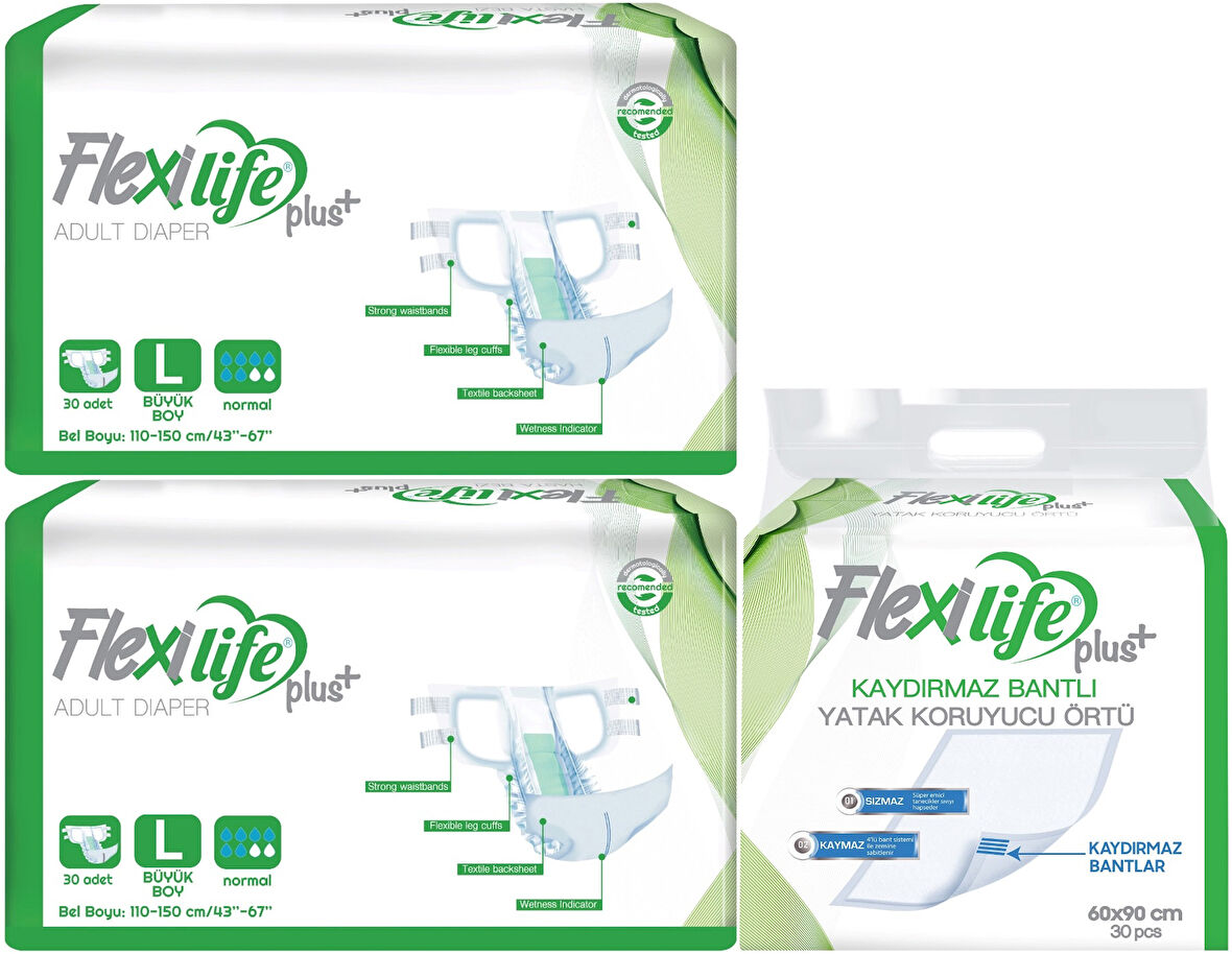 Flexi Life Yetişkin Hasta Bezi Bel Bantlı Tekstil Yüzeyli L 60 Adet + Yatak Koruyucu Örtü 30 Adet