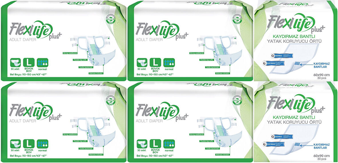 Flexi Life Yetişkin Hasta Bezi Bel Bantlı Tekstil Yüzeyli L 120 Adet + Yatak Koruyucu Örtü 60 Adet