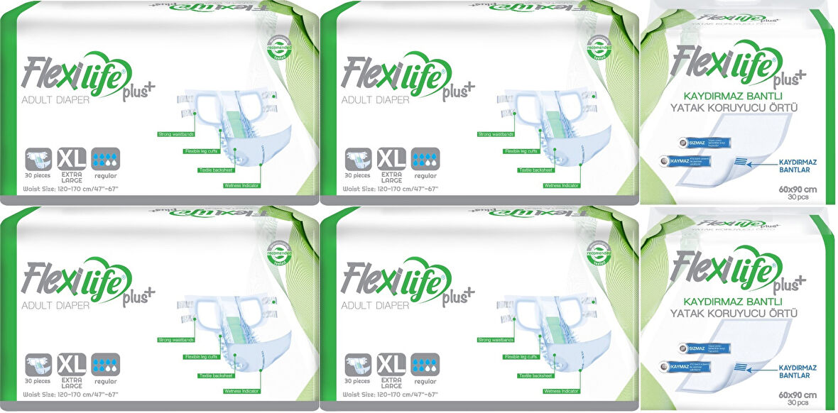 Flexi Life Yetişkin Hasta Bezi Bel Bantlı Tekstil Yüzeyli XL 120 Adet + Yatak Koruyucu Örtü 60 Adet