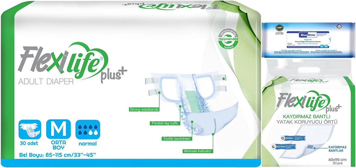 Flexi Life Yetişkin Hasta Bezi Bel Bantlı Tekstil Yüzeyli Orta 30 Adet + Yatak Koruyucu + Havlu