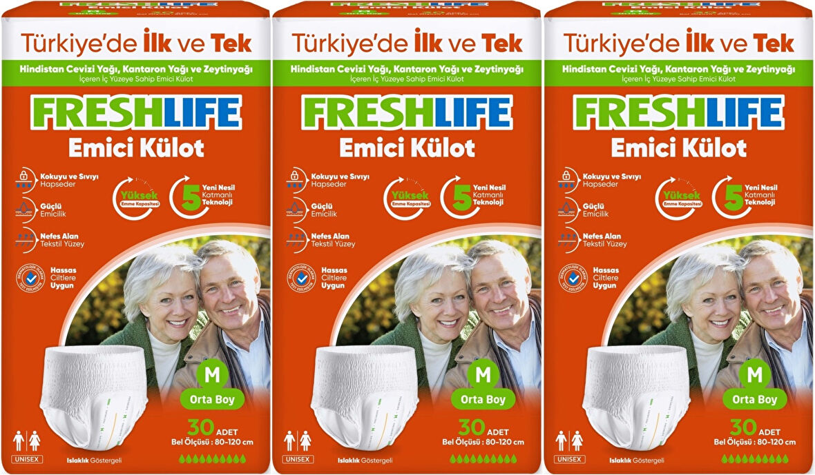 FreshLife Emici Külot Hasta Bezi Medium - Orta - M 90 Adet (3PK*30)