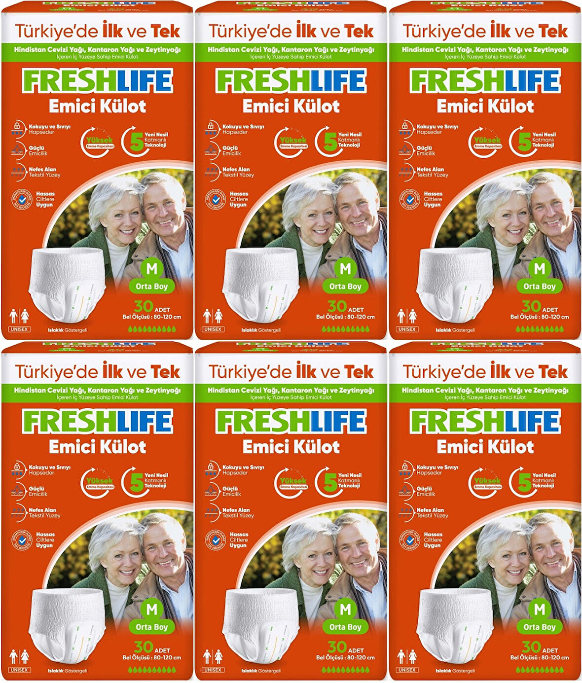 FreshLife Emici Külot Hasta Bezi Medium - Orta - M 180 Adet (6PK*30)