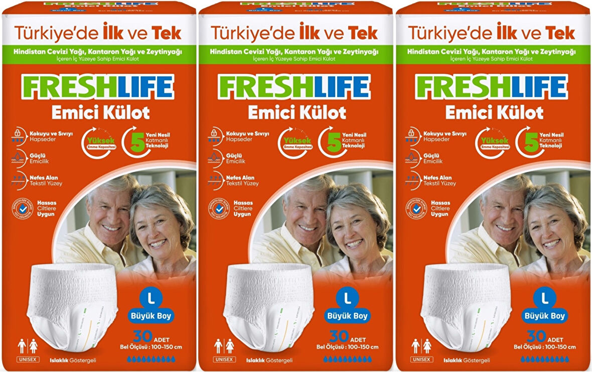 FreshLife Emici Külot Hasta Bezi Large - Büyük - L 90 Adet (3PK*30)