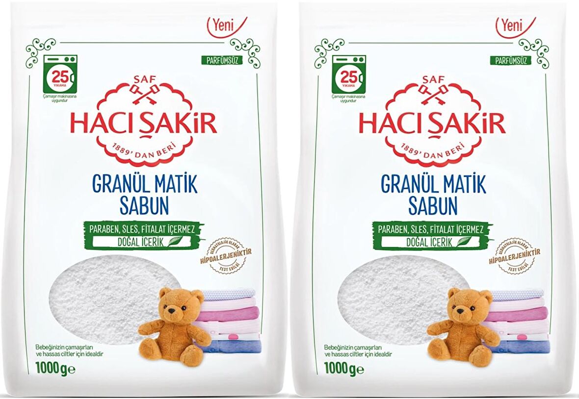 Hacı Şakir Sabun Tozu Granül Matik 2KG Parfümsüz (Bebekler/Hassas Ciltler İçin) 50 Yıkama (2PK*1KG)