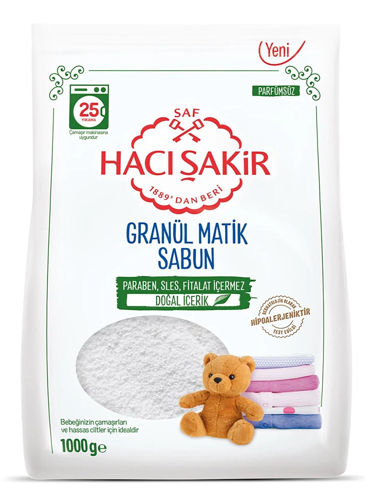 Hacı Şakir Sabun Tozu Granül Matik 3KG Parfümsüz (Bebekler/Hassas Ciltler İçin) 75 Yıkama (3PK*1KG)