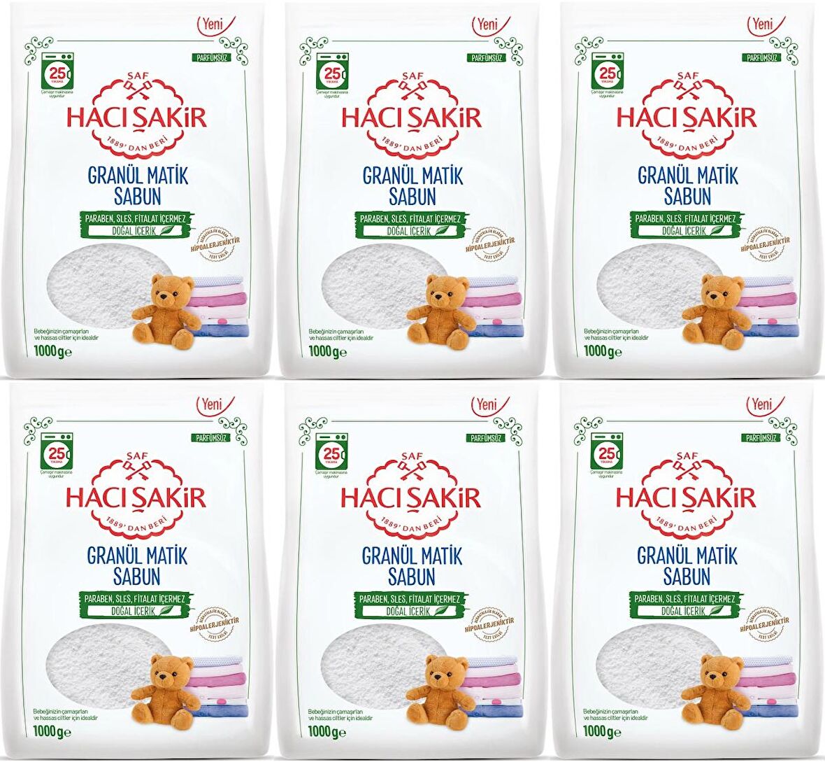 Hacı Şakir Sabun Tozu Granül Matik 6KG Parfümsüz (Bebekler/Hassas Ciltler İçin) 150 Yıkama (6PK*1KG)