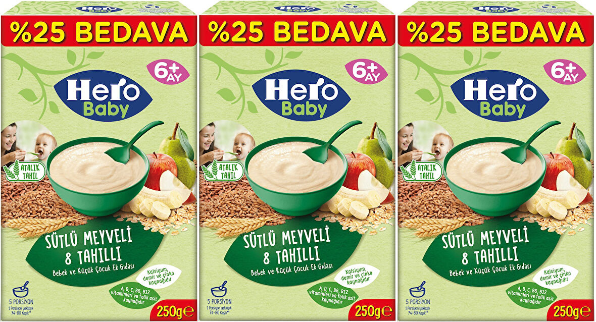 Hero Baby Kaşık Maması 250GR Sütlü Meyveli 8 Tahıllı (Avantaj Pk) (3 Lü Set)