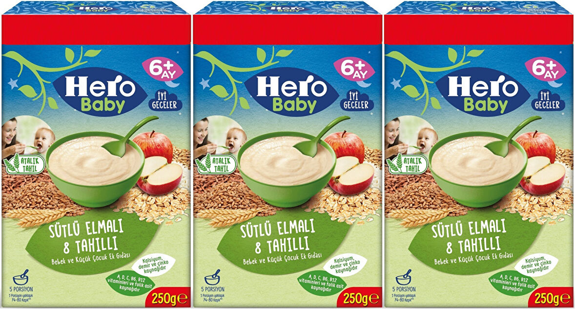 Hero Baby Kaşık Maması 250GR Sütlü Elmalı 8 Tahıllı (Avantaj Pk) (3 Lü Set)