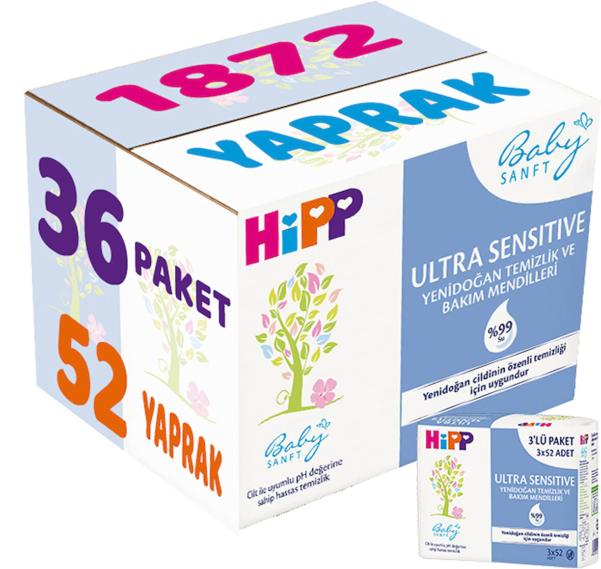 Hipp Baby Sanft Islak Havlu Mendil 52 Yaprak Ultra Sensitive Yenidoğan 36Lı Set (12PK*3) 1872 Yaprak