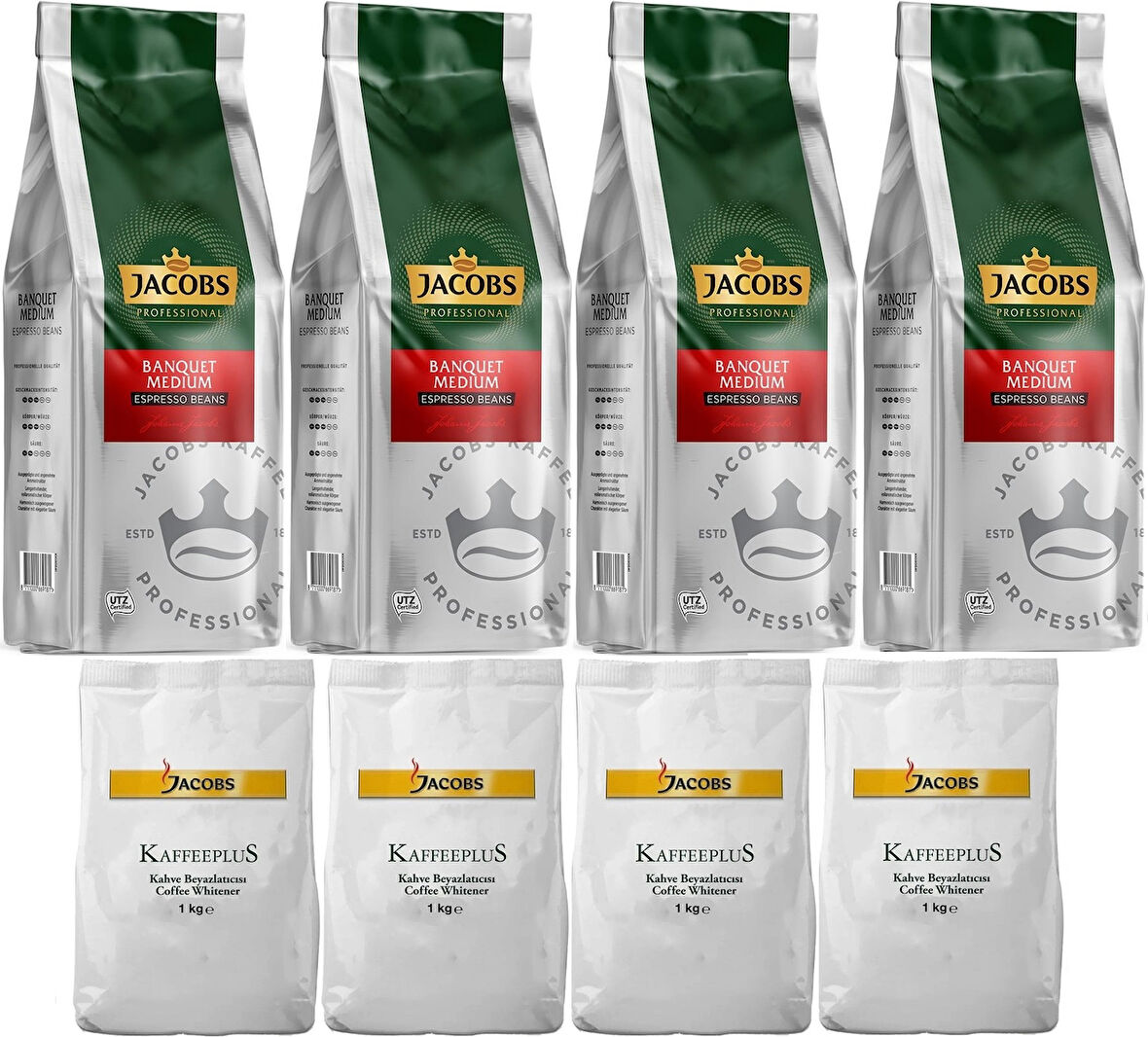 Jacobs Medium Çekirdek Kahve 1KG (Espresso Beans) & Kaffeeplus Süt Tozu 1KG (Karma 8 Li Set)