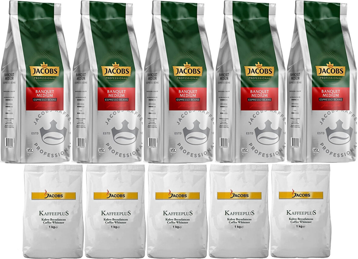Jacobs Medium Çekirdek Kahve 1KG (Espresso Beans) & Kaffeeplus Süt Tozu 1KG (Karma 10 Lu Set)
