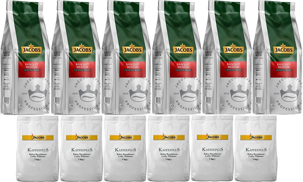 Jacobs Medium Çekirdek Kahve 1KG (Espresso Beans) & Kaffeeplus Süt Tozu 1KG (Karma 12 Li Set)