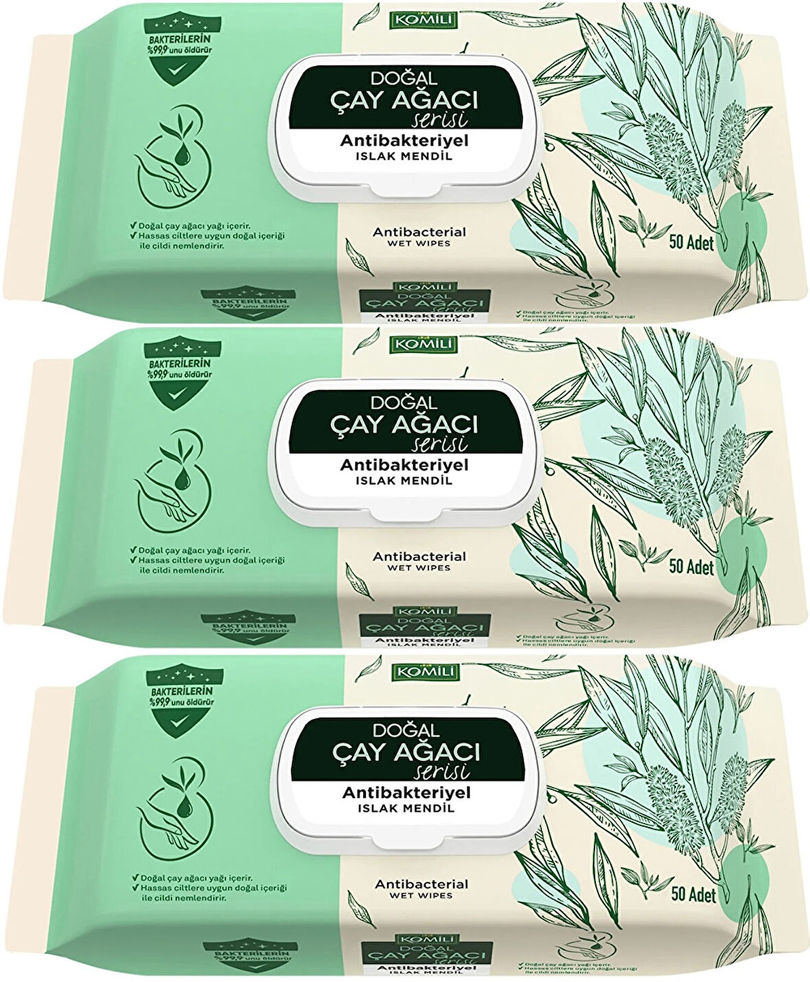 Komili Islak Havlu Mendil 50 Yaprak (3 Lü Set) Çay Ağacı Serisi Antibakteriyel (150 Yaprak)