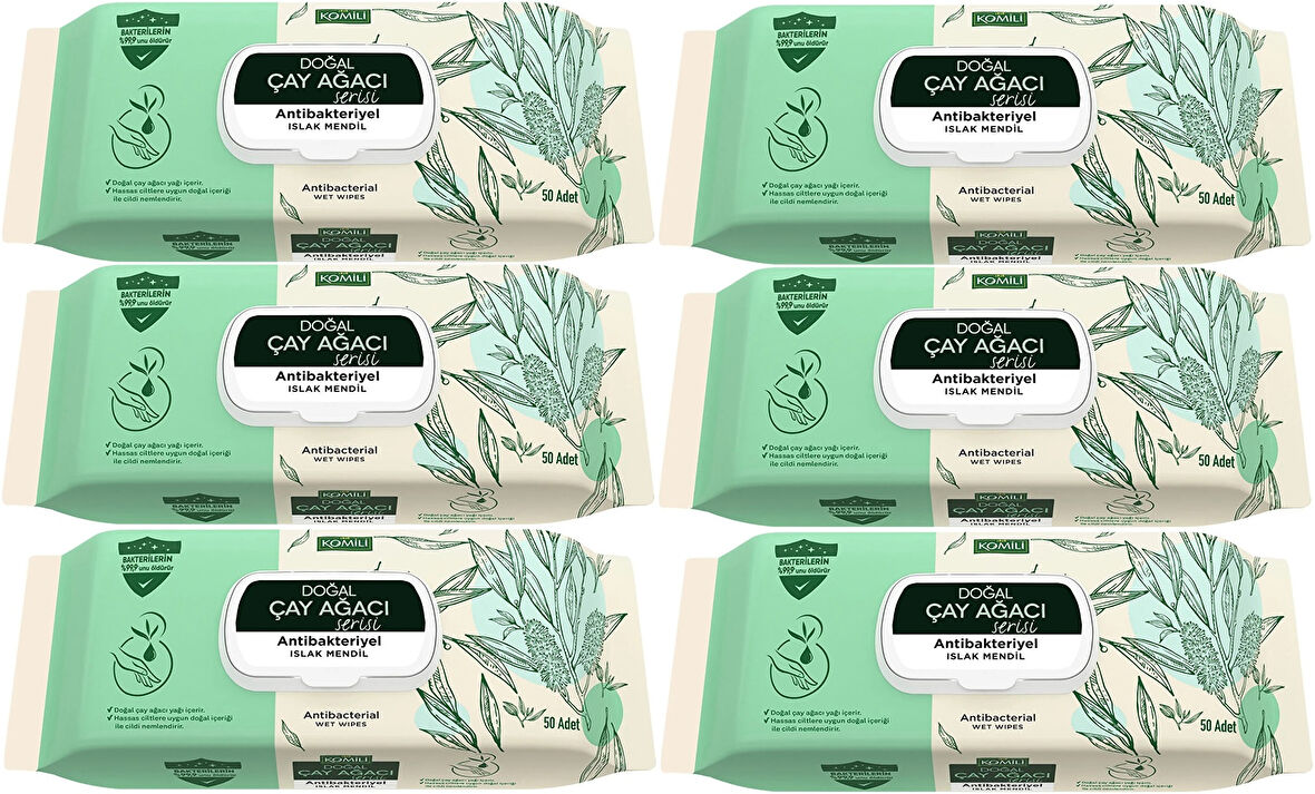 Komili Islak Havlu Mendil 50 Yaprak (6 Lı Set) Çay Ağacı Serisi Antibakteriyel (300 Yaprak)