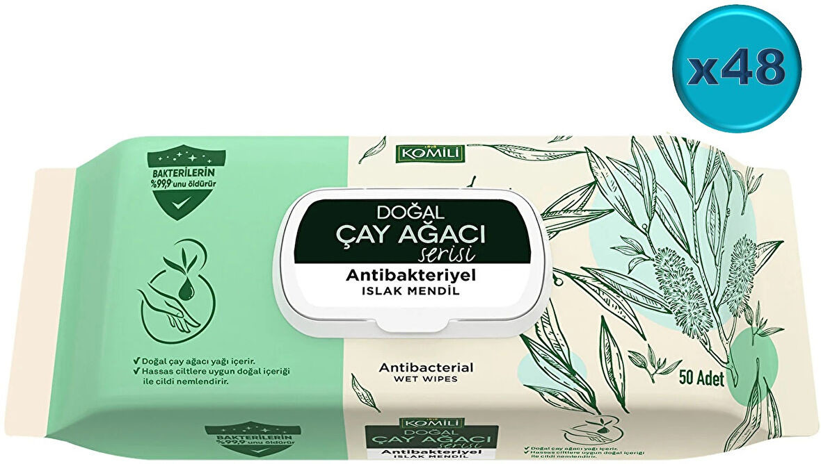 Komili Islak Havlu Mendil 50 Yaprak (48 Li Set) Çay Ağacı Serisi Antibakteriyel (2400 Yaprak)