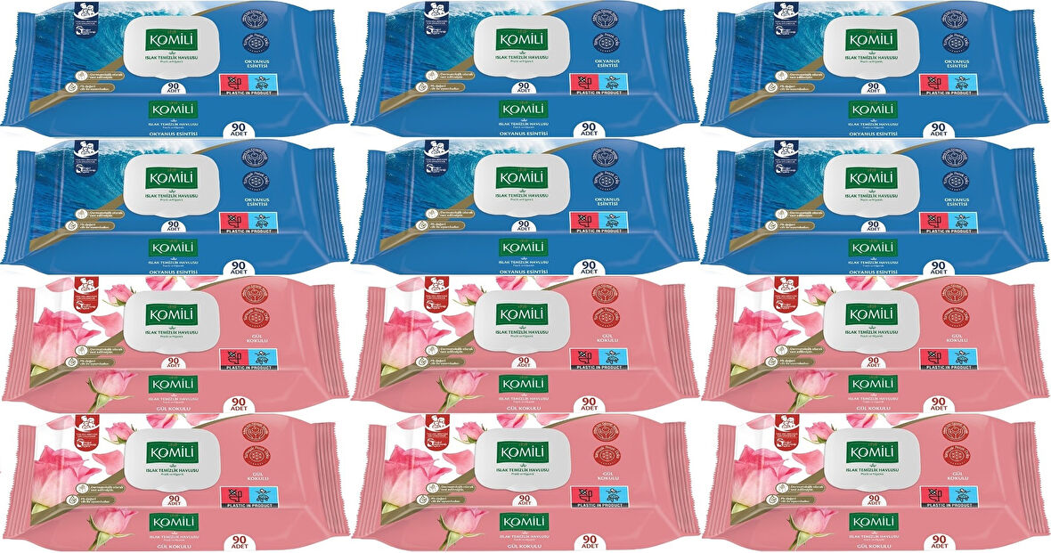 Komili Islak Havlu Mendil 90 Yaprak Karma 12 Li Set (Okyanus Esintisi-Gül Kokulu) 1080 Yaprak