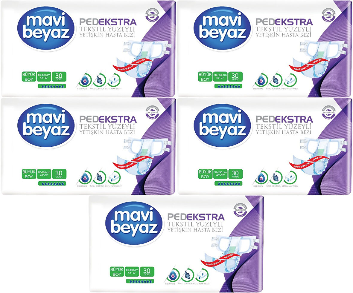Mavi Beyaz Ped Ekstra Tekstil Yüzeyli Yetişkin Bel Bantlı Hasta Bezi Large Büyük 150 Adet