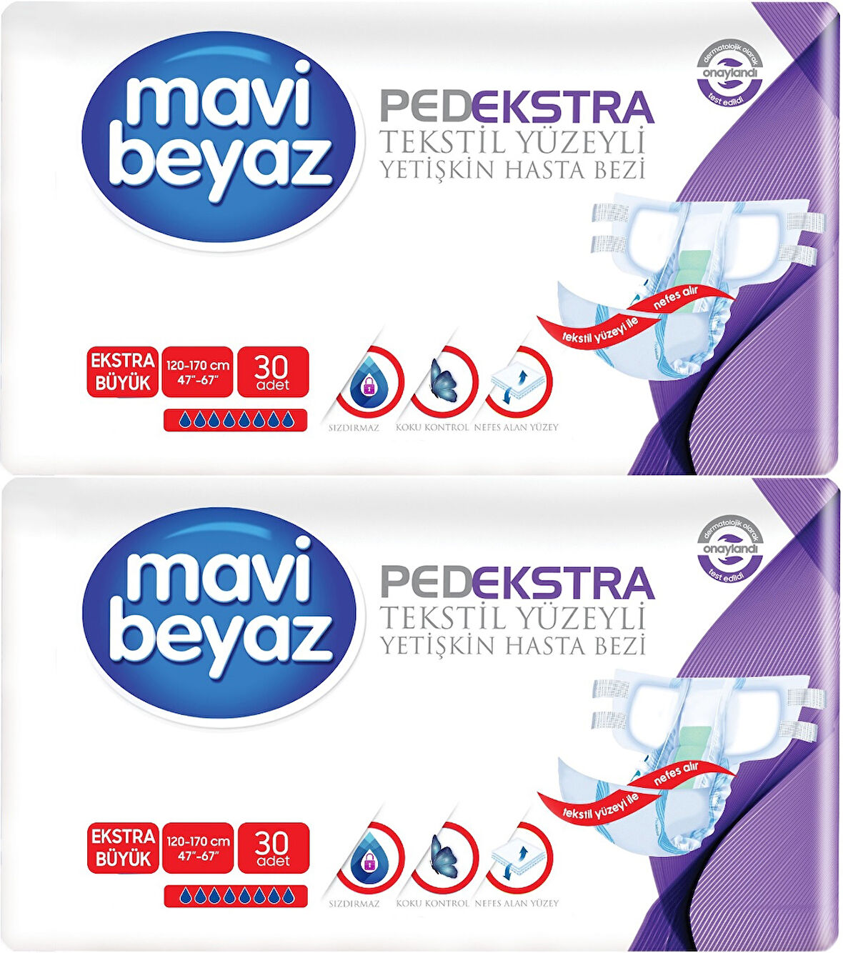 Mavi Beyaz Ped Ekstra Tekstil Yüzeyli Yetişkin Bel Bantlı Hasta Bezi XL Ekstra Büyük 60 Adet