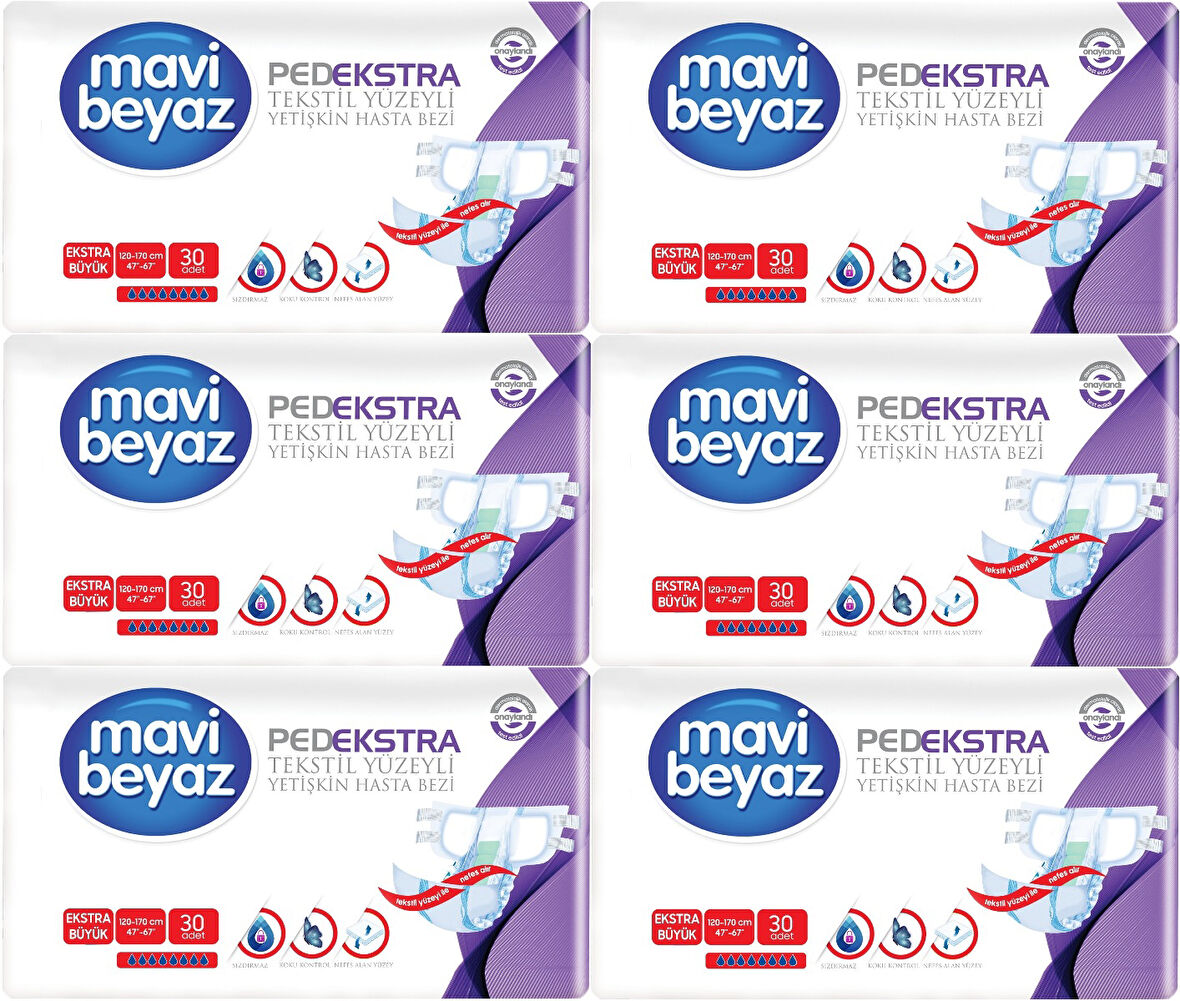 Mavi Beyaz Ped Ekstra Tekstil Yüzeyli Yetişkin Bel Bantlı Hasta Bezi XL Ekstra Büyük 180 Adet