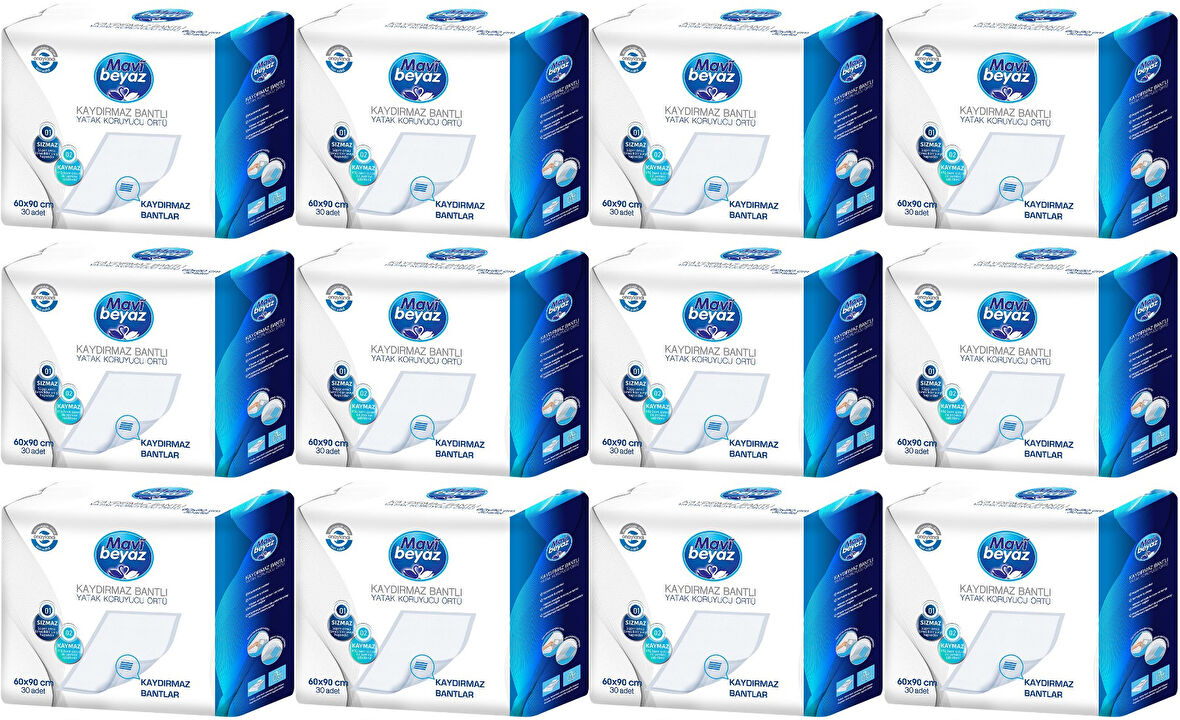 Mavi Beyaz Hasta Alt Açma Yatak Koruyucu Örtü 60*90CM 360 Adet (12PK*30) Kaydırmaz Bantlı